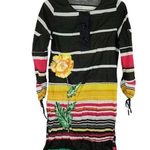Ethnic By Outfitters Tunic Dress Striped Floral Tie Sleeve Slit Sides Cotton XS